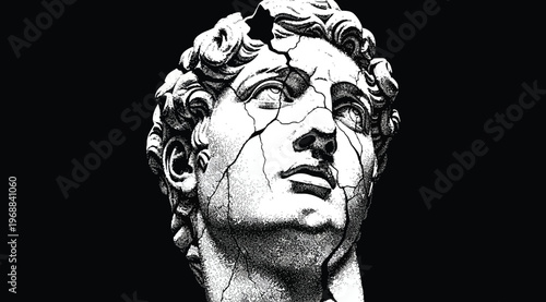 Cracked marble statue of a man head, classical sculpture, vector illustration