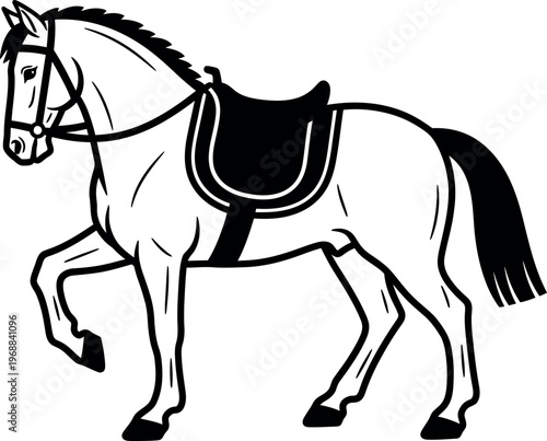 Black and white illustration of a horse with saddle