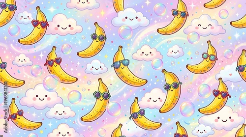 Smiling cartoon bananas and clouds pattern.