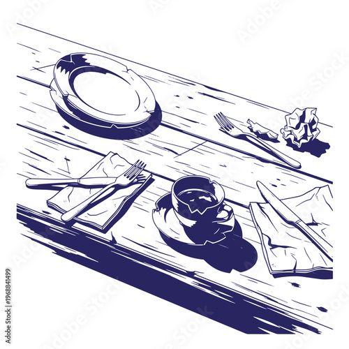 Blue ink line of a messy wooden table with a broken coffee cup empty plate forks knife and crumpled paper napkin on a white background
