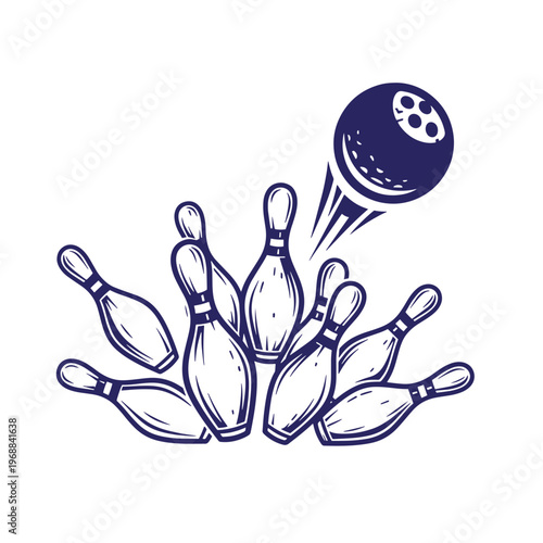 Dark blue bowling ball striking and scattering a group of ten white bowling pins in a dynamic motion on a white background