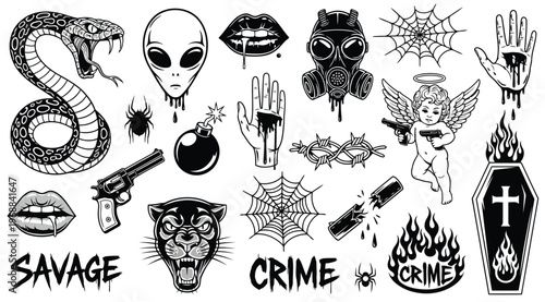 Set of vintage tattoo elements, including snake, alien, lips, gas mask, spider web, hand, bomb, gun, panther, barbed wire, cupid, broken baton, and coffin