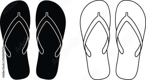 Flip flop sandals silhouette and outline vector icons, summer beach footwear illustration set, minimal black and white design