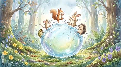 Whimsical forest scene with animals bubble.
