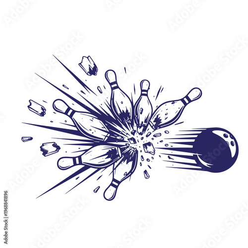 Dark blue ink of a bowling ball striking and scattering wooden pins with motion lines and flying debris isolated on a white background