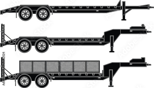 Flatbed equipment trailer silhouettes set showing tandem axle utility and industrial hauling designs black and white vector illustration
