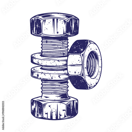 Dark blue ink of a metal bolt with two washers and a hexagonal nut isolated on a white background featuring a distressed texture and hand drawn line style