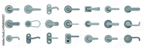 Door handles collection with modern metal designs, interior hardware elements in flat style, vector set of contemporary door knobs, handles and fittings isolated on white background