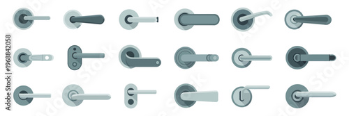 Door handles collection with modern metal designs, interior hardware elements in flat style, vector set of contemporary door knobs, handles and fittings isolated on white background