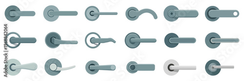 Door handles collection with modern metal designs, interior hardware elements in flat style, vector set of contemporary door knobs, handles and fittings isolated on white background