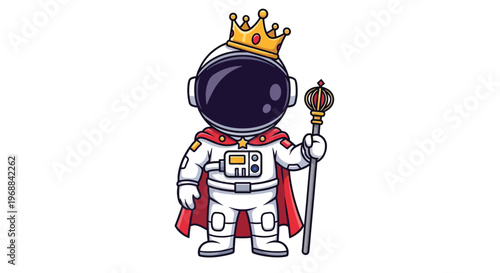 Astronaut King Holding Scepter Cartoon.