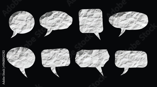 Set of speech bubbles made of crumpled paper texture, collection of chat boxes for design elements