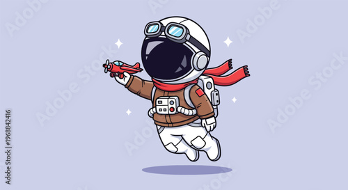 Cute astronaut pilot flying with a toy airplane in space Vector Illustration.