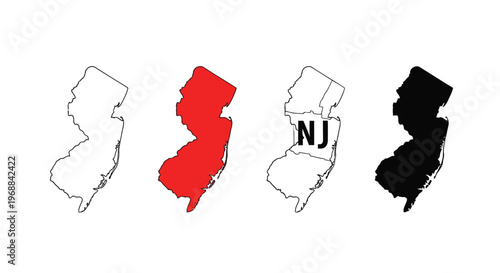 Various styles of new jersey state map illustrations with different colors and text. Vector