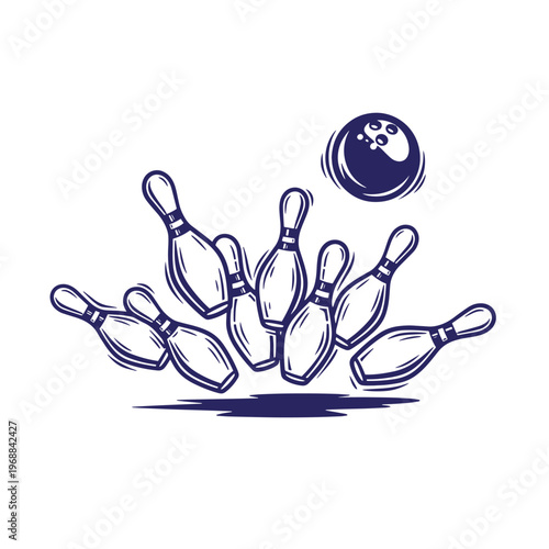 Dark blue of a bowling ball striking and scattering ten pins in a dynamic motion sequence on a white background