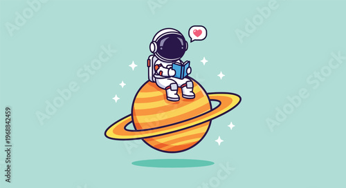 Cute Astronaut Reading a Book on a Ringed Planet.