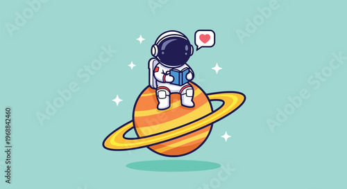 Cute Astronaut Reading a Book on Saturn Planet with Heart Symbol.