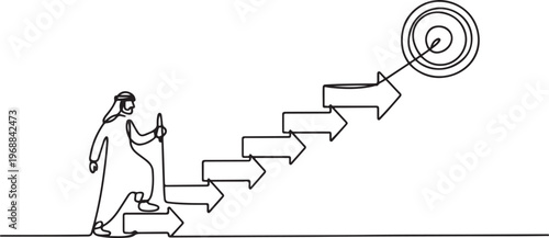 Drawing of arab businessman goes up the stairs of arrows to the target. Concept of business path to the goal. One line draw graphic design vector