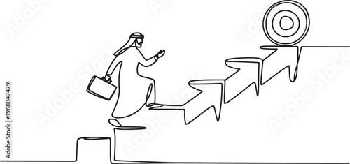 Drawing of arab businessman goes up the stairs of arrows to the target. Concept of business path to the goal. One line draw graphic design vector