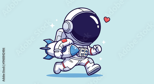 Cute Astronaut Running with Rocket in Space Vector Illustration.