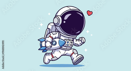 Cute Astronaut Running with Rocket and Heart.