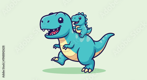 Cute Cartoon Dinosaur Parent and Baby Walking Together.