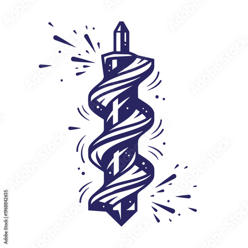 Dark blue of a metal auger drill bit with surrounding motion lines and flying debris particles isolated on a white background