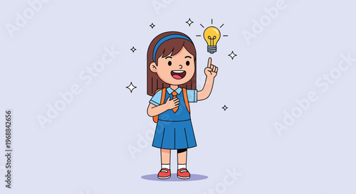 Cute cartoon girl with a brilliant idea lightbulb.