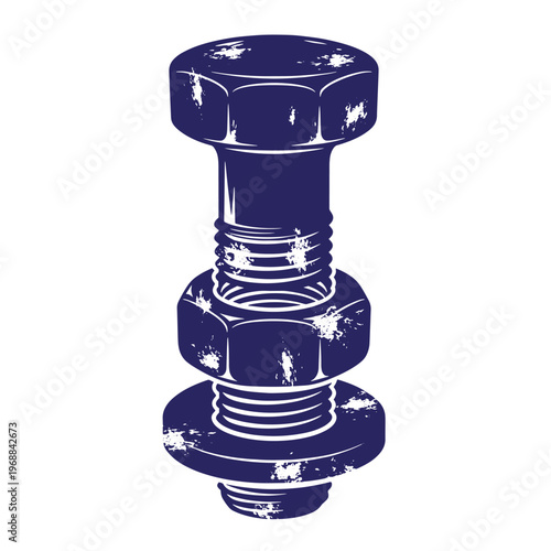 Dark blue of a metal bolt with a hexagonal nut and a flat washer featuring a distressed grunge texture isolated on a white background