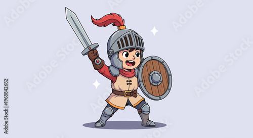 Cute Cartoon Knight Character with Sword and Shield.