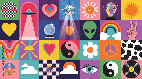 Retro groovy seamless pattern with 90s aesthetic elements like disco ball, alien, peace sign, yin yang, heart, rainbow, and flower icons