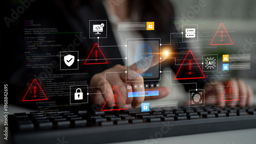 Obraz na płótnie Explore the importance of digital security with a focus on biometric authentication and real-time cybersecurity alerts in a modern workspace