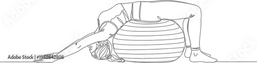 Continuous line art drawing of woman exercising with stability ball, performing a backbend stretch
