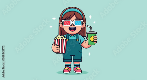 Cute little girl watching movie with 3D glasses popcorn and drink.