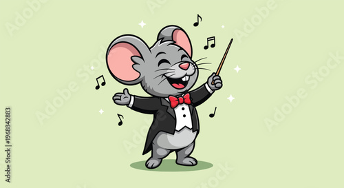 Cute Mouse Conductor Leading Orchestra with Baton and Music Notes Vector Illustration.
