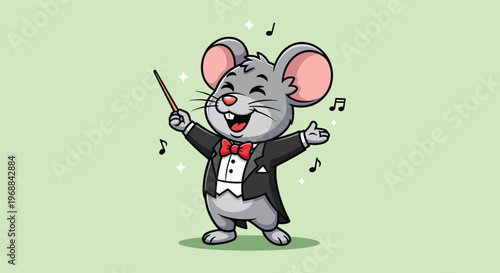 Cute Mouse Conductor Leading Orchestra with Baton and Music Notes.