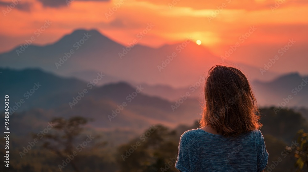 Obraz premium girl watching sunset mountains with blured nature background