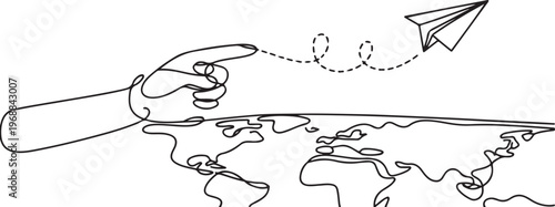 Pointing location at map and paper plane, hand drawn way destination continuous contour, One Continuous line drawing of aircraft flight routes and airport destinations.