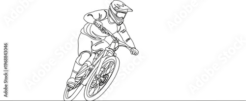 Continuous line art drawing of a mountain biker in action