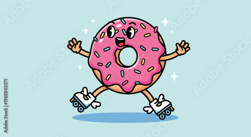 Happy Donut Character on Roller Skates.
