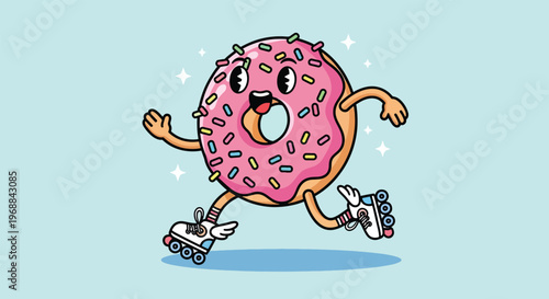 Happy Donut Character Roller Skating with Pink Icing.