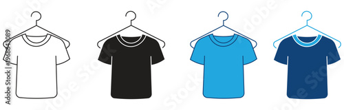 Clothes hanger icon set.  Tee shirt with hanger sign. Fabric sport wear symbol. Laundry and Fashion .Tee shirt with hanger sign. Fabric sport wear symbol. Vector illustration