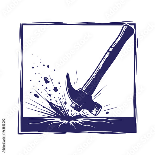 Dark blue silhouette of a claw hammer striking a surface causing debris and cracks to fly outward inside a square frame border