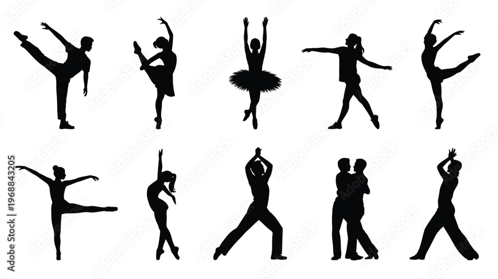 Fototapeta premium Dancing Silhouette Set with Hip Hop, Ballet and Freestyle Dance Poses