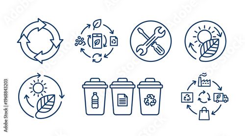 Circular Economy and Sustainability Line Art Icon Set with Waste Management and Eco-Friendly Practices in a Bright Studio.