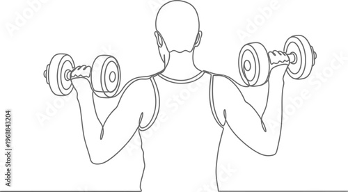 Continuous line drawing of a person lifting dumbbells from behind, showcasing fitness and exercise.