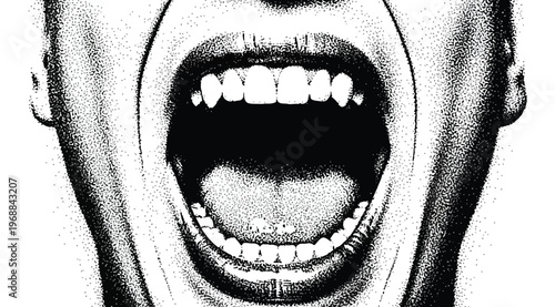 Closeup of a person screaming with mouth wide open, expressive facial emotion, stippling art style illustration