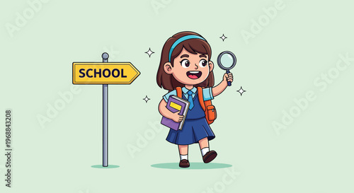 Happy schoolgirl with magnifying glass and school sign Vector Illustration.