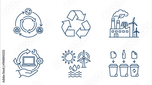 Sustainability and Circular Economy Green Industry Line Art Icon Set on an Isolated White Background.