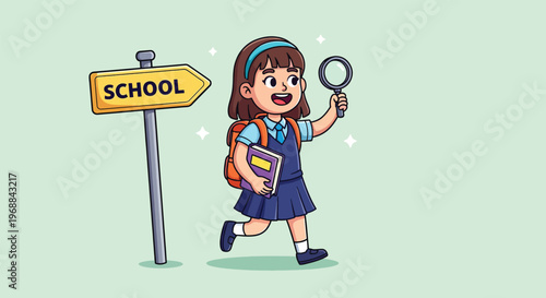 Happy Schoolgirl with Magnifying Glass and School Sign.